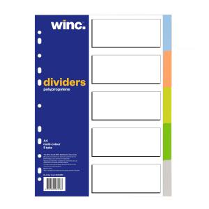 Winc Polypropylene Dividers Set  A4 Assorted Colours 5 Blank Tabs