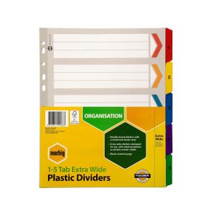 Marbig Dividers Manilla Plastic Tab Reinforced Extra Wide A4 Numbered 5 Tab