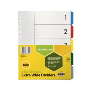 Marbig Dividers Extra Wide Style Polypropylene 5 Coloured Tabs Extended A4 White Hole Punched