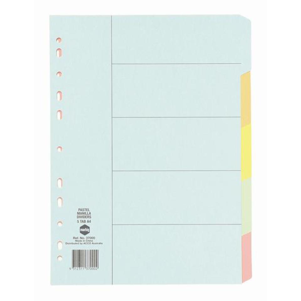 Marbig Dividers Manilla A4 Pastel Colours 5 Tab | Winc