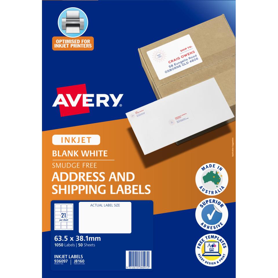 Avery J8160 Address Labels with Quick Peel for Inkjet Printers 63.5 x 38.1mm 1050 Labels 