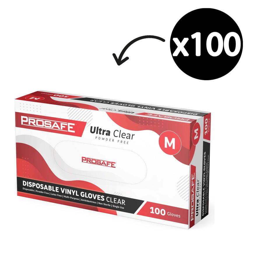 Prosafe Ultra Clear Disposable Vinyl Gloves Powder Free Clear Medium Box 100