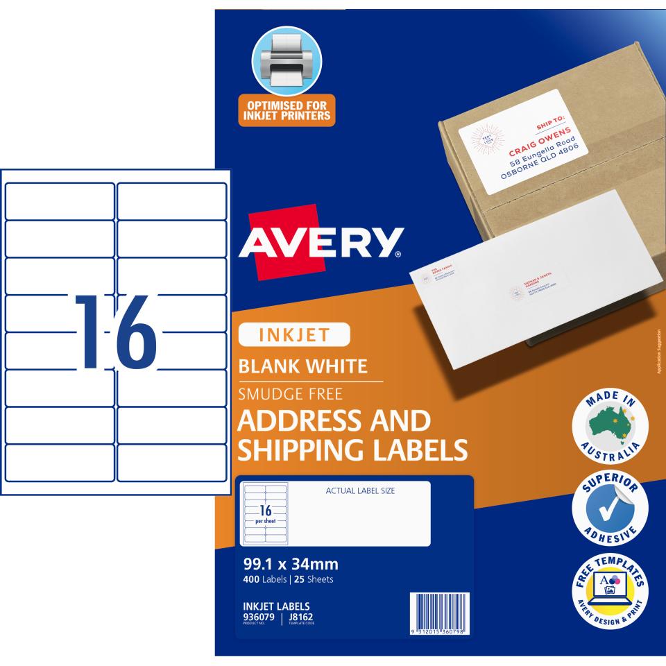 Avery J8162 Address Labels with Quick Peel for Inkjet Printers 99.1 x 34mm 400 Labels 