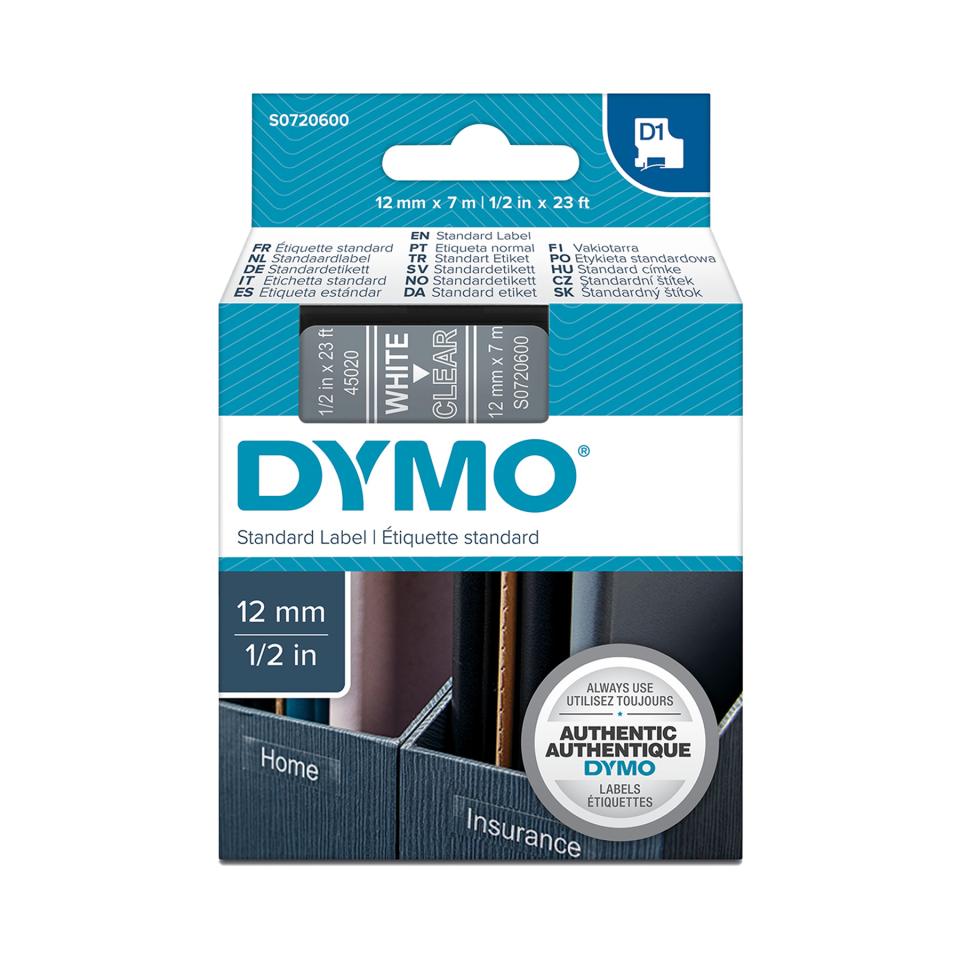 Dymo D1 Label Printer Tape 12mm x 7m White On Clear | Winc