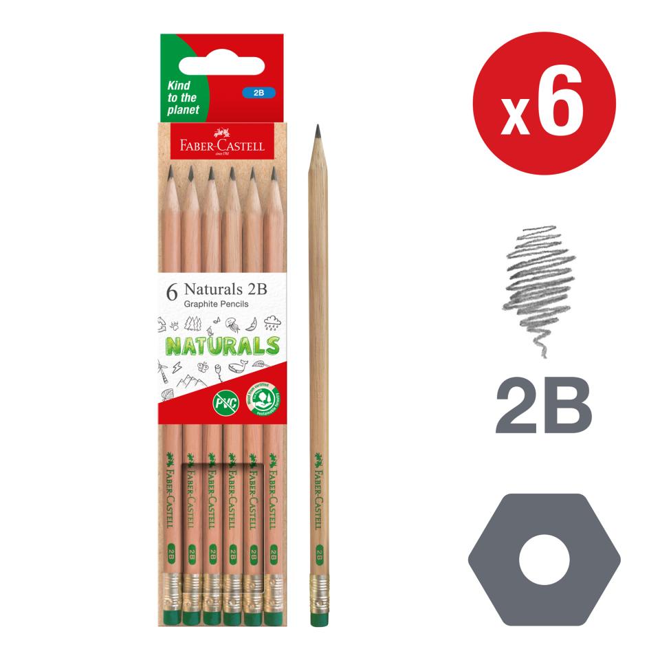 Naturals Graphite Pencils 2B with Eraser Tip - Pack of 6 Image