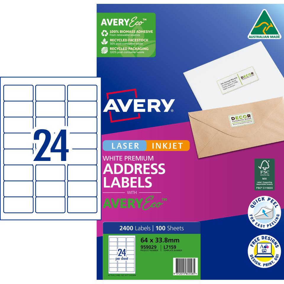 Avery Premium White Inkjet Laser Address Labels with AveryEco 24UP 100 Sheets 64 x 33.8mm L7159 Image