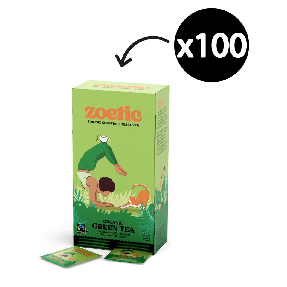 Zoetic Organic & Fairtrade Green Tea Enveloped Tea Bags Pack 100