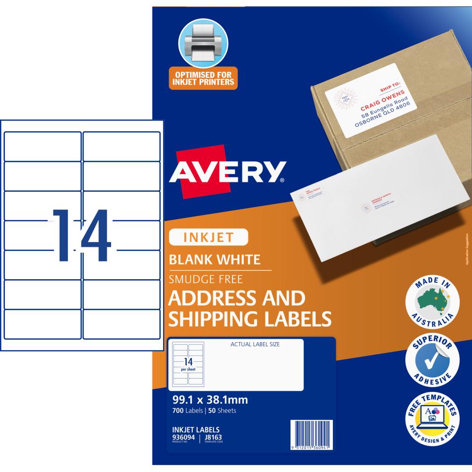 Avery J8163 Address Labels with Quick Peel for Inkjet Printers 99.1 x 38.1mm 700 Labels 