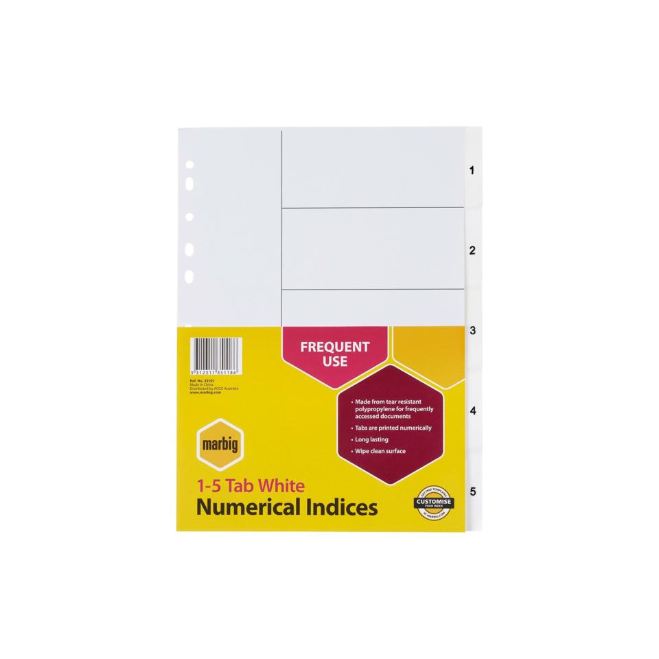 Marbig Dividers A4 Polypropylene 1-5 Numerical White Tab