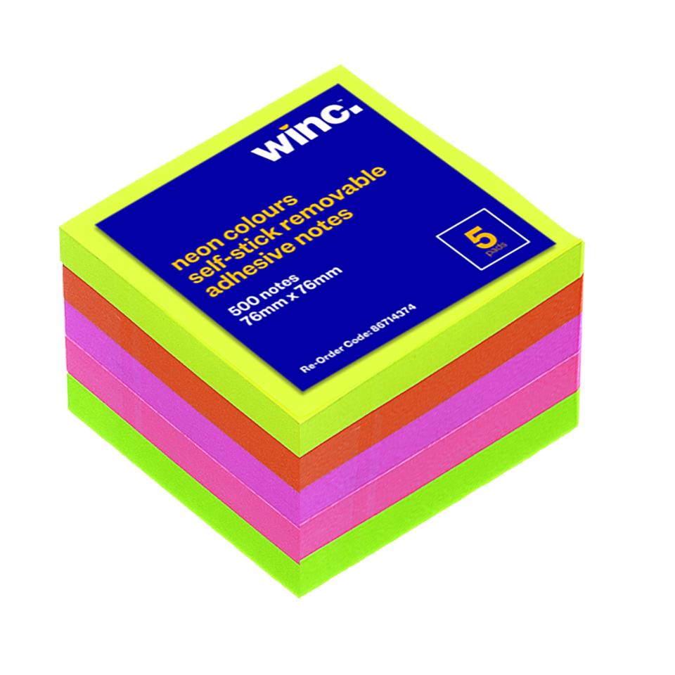 Winc Self-Stick Removable Notes 76 x 76mm Neon 5 Pads Pack | Winc