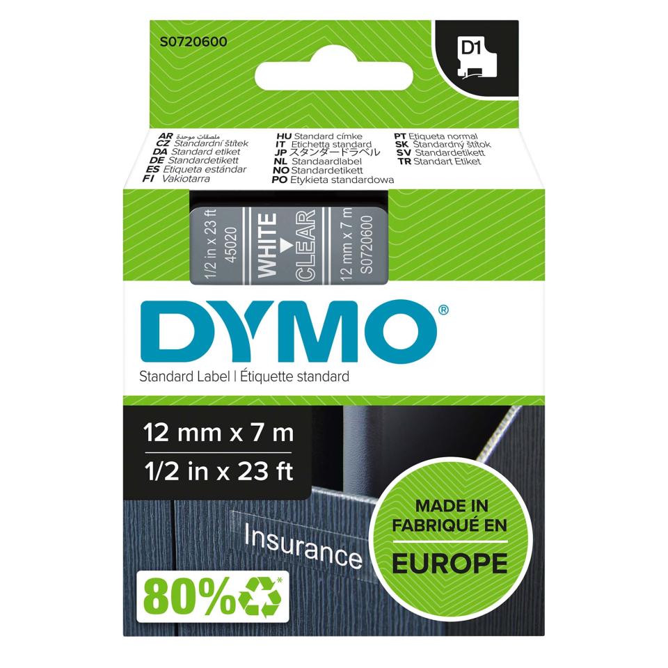 Dymo D1 Label Printer Tape 12mm x 7m White On Clear
