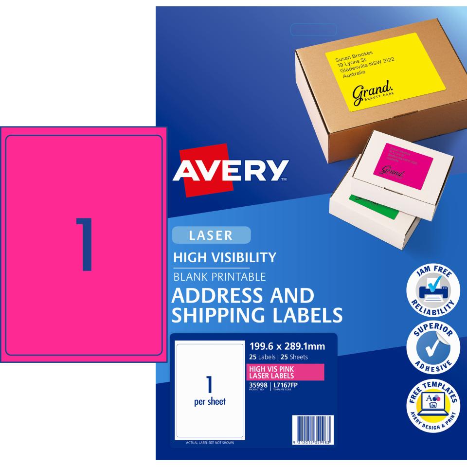 Avery Fluoro Pink Shipping Labels for Laser Printers - 199.6 x 289.1mm - 25 Labels (L7167FP)