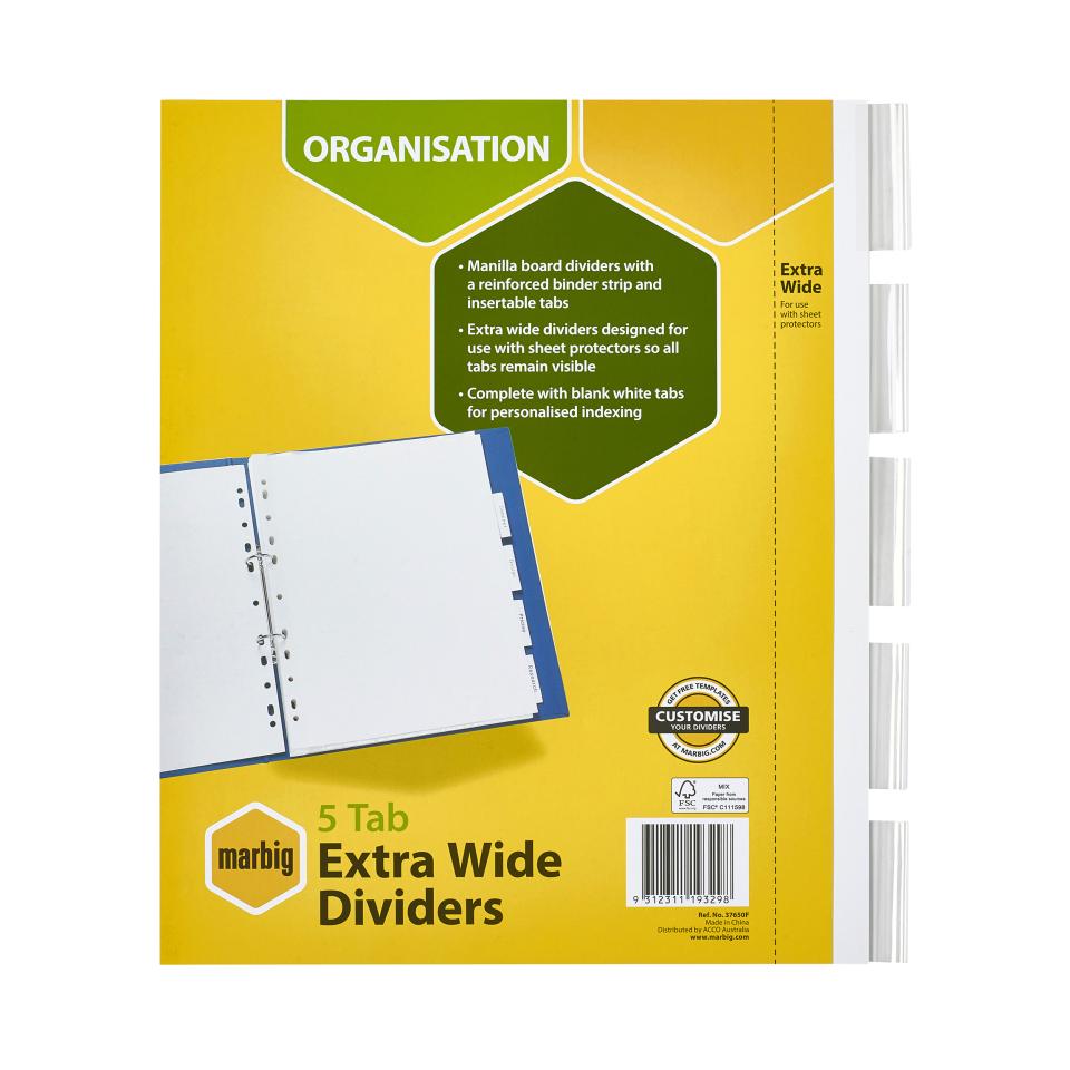 Marbig Dividers A4 Manilla Insertable Extra Wide White 5 Tab