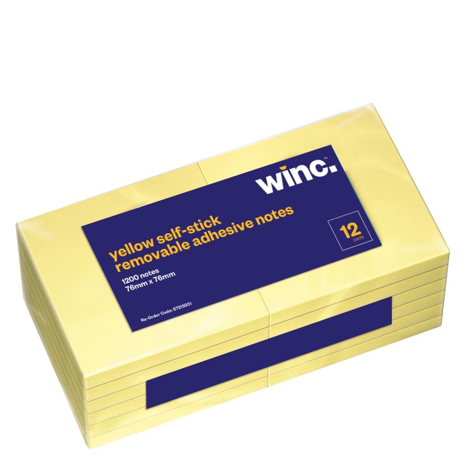 Winc SelfStick Removable Notes 76X76mm Yellow Pack 12 Winc