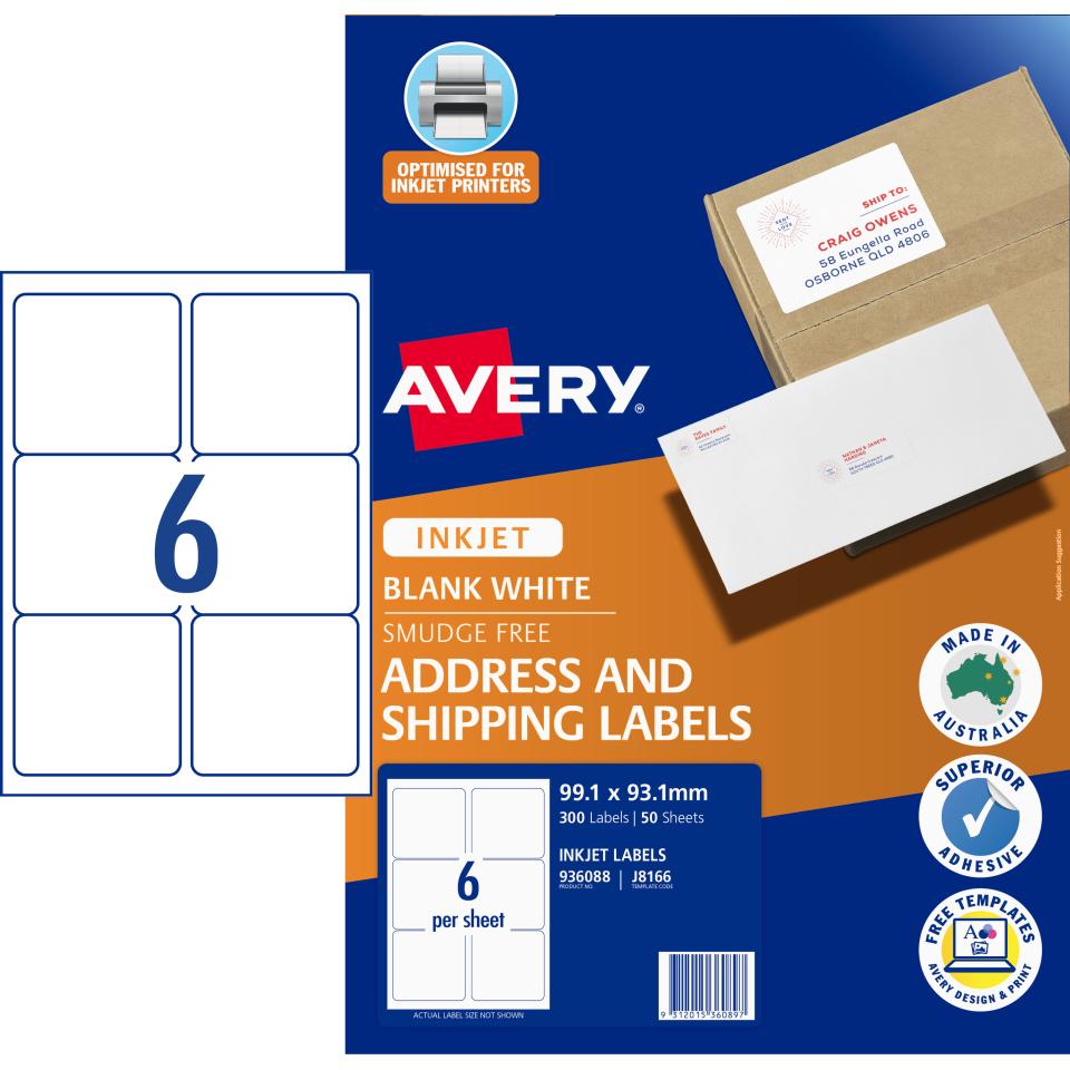Avery J8166 Shipping Labels for Inkjet Printers 99.1 x 93.1mm 300 Labels