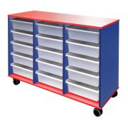DDK Mobile Tote Trolley 15 Tray Melamine Frame Red/Olympia Blue