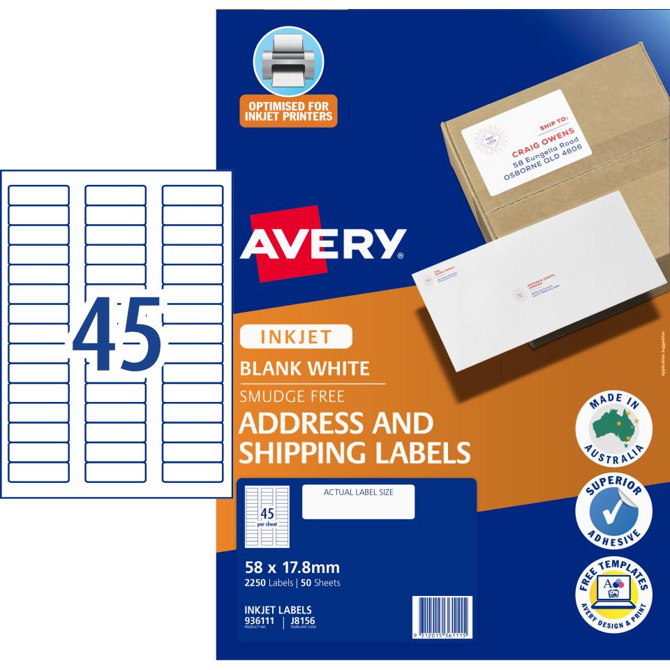 Avery J8156 Address Labels with Quick Peel for Inkjet Printers 58 x 17.8mm 2250 Labels 