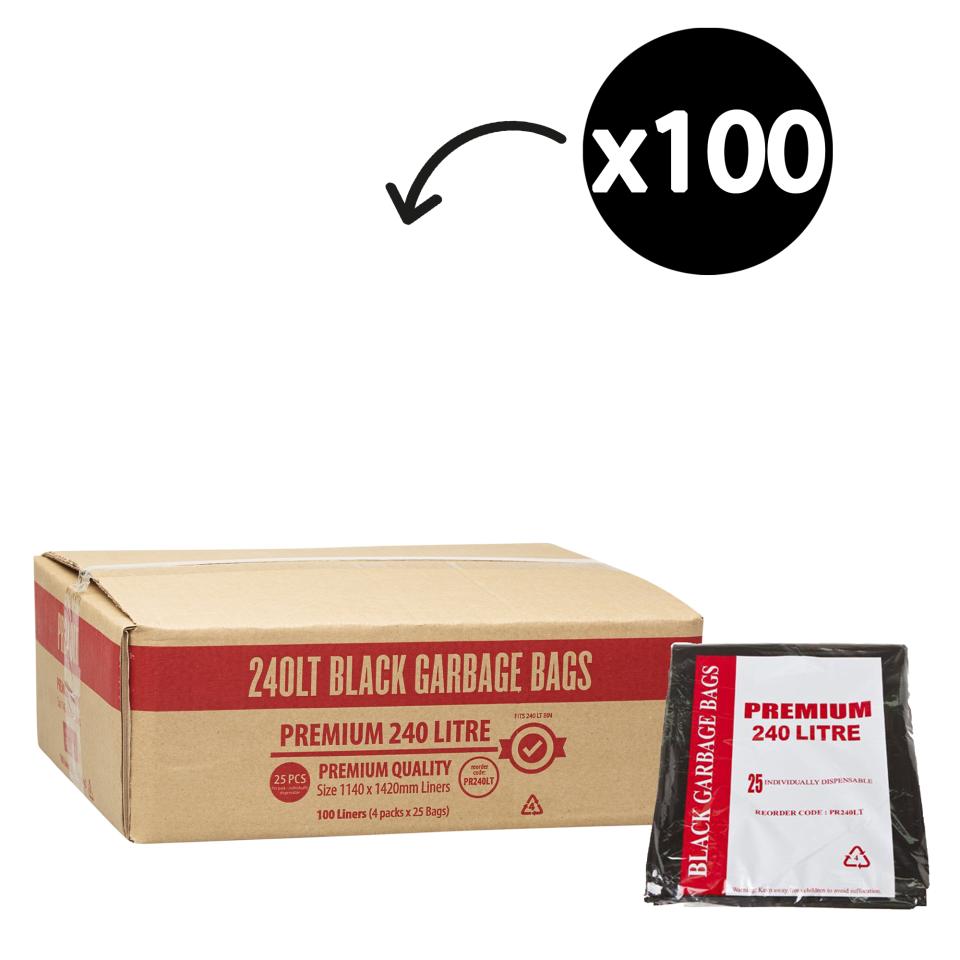 Austar Bin Liners Premium Heavy Duty 240 Litre Black Packet 25 Carton 100
