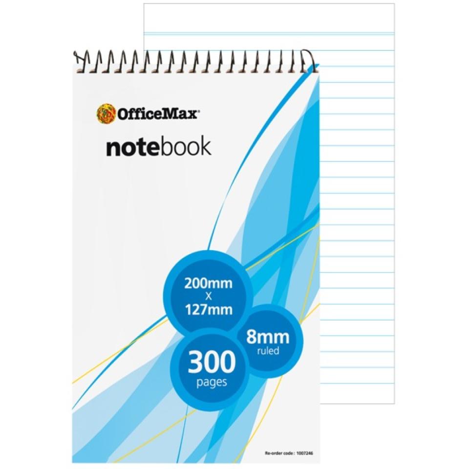 Officemax Notebook Spiral Top Opening 8mm Ruled 200x127mm 300 Pages