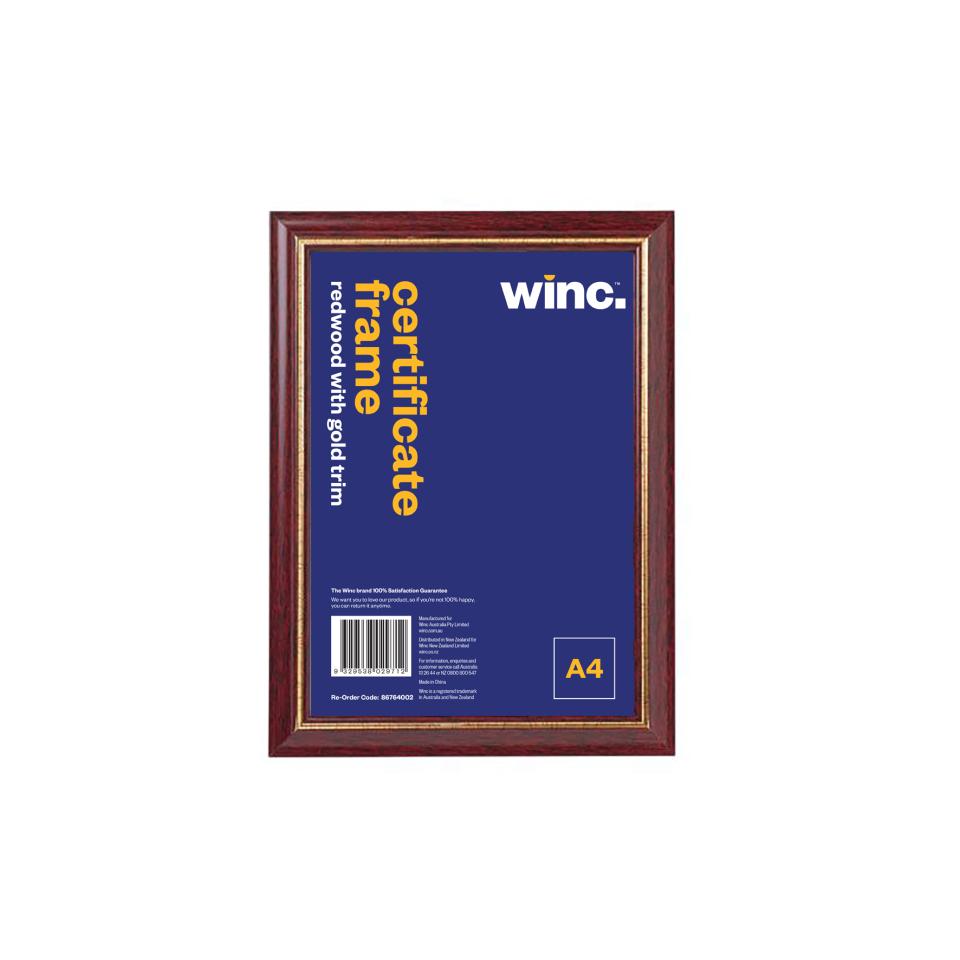 Winc Certificate Frame A4 Wall & Desk Mountable Redwood Finish With Gold Trim
