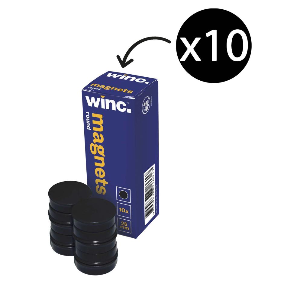 Winc Round Magnets Flat 25mm Black Pack 10