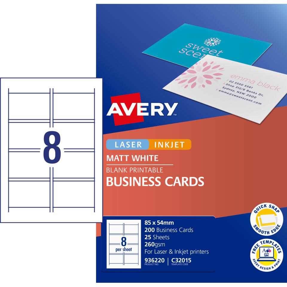 Avery Quick & Clean Business Cards 250gsm 85 x 54mm White Matt Finish Double Sided 25 Sheets