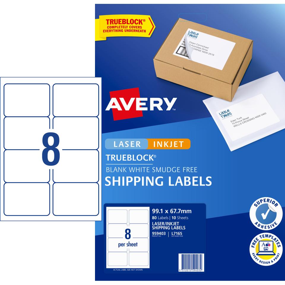 Avery Internet Shipping Labels for Inkjet Printers - 99.1 x 67.7mm - 80 Labels (L7165)
