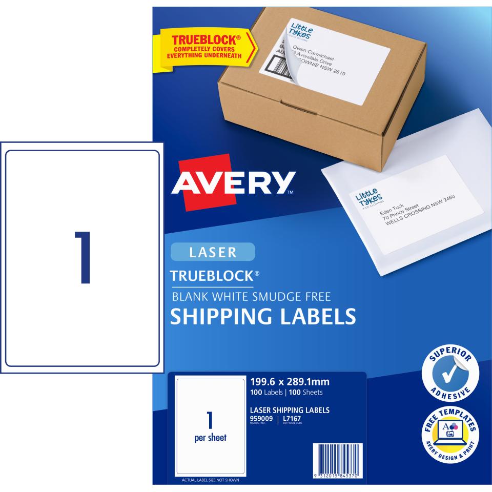 Avery Shipping Labels with Trueblock for Laser Printers - 199.6 x 289.1 mm - 100 Labels (L7167)