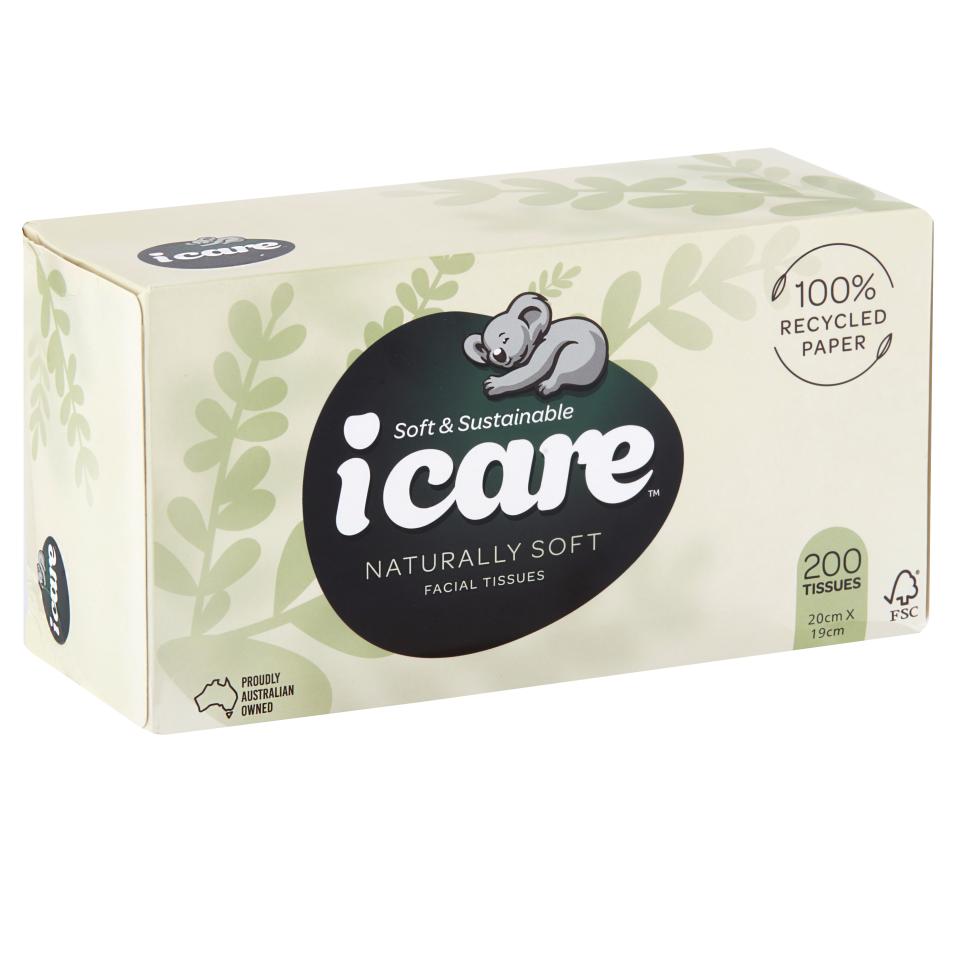 icare 100 Recycled Soft & Sustainable Facial Tissue Box 200 Winc