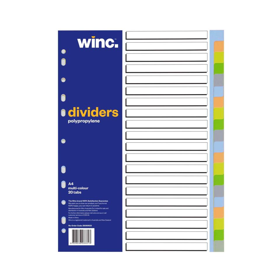 Winc Dividers A4 Polypropylene Coloured 20 Tab