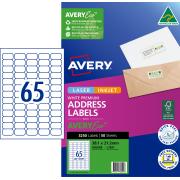 Avery Premium White Inkjet Laser Address Labels with AveryEco 65UP 50 Sheets 38.1 x 21.2mm L7651