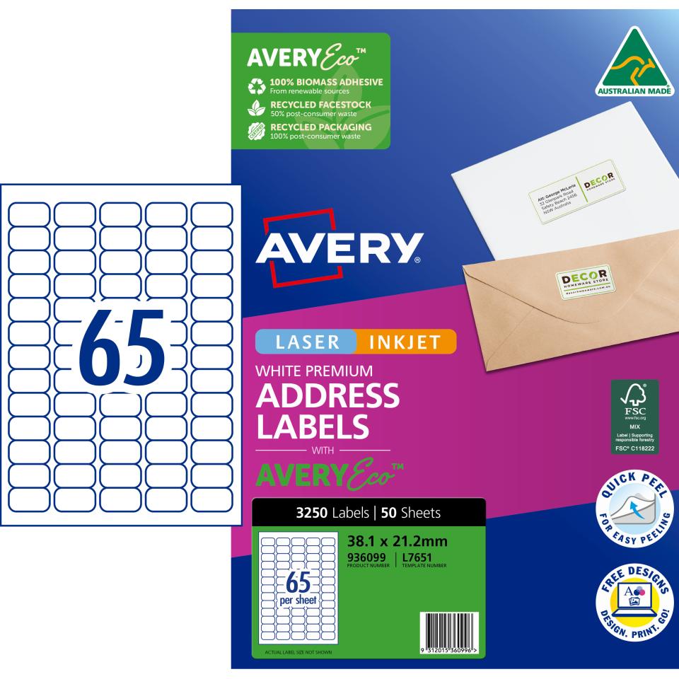 Avery Premium White Inkjet Laser Address Labels with AveryEco 65UP 50 Sheets 38.1 x 21.2mm L7651 Image