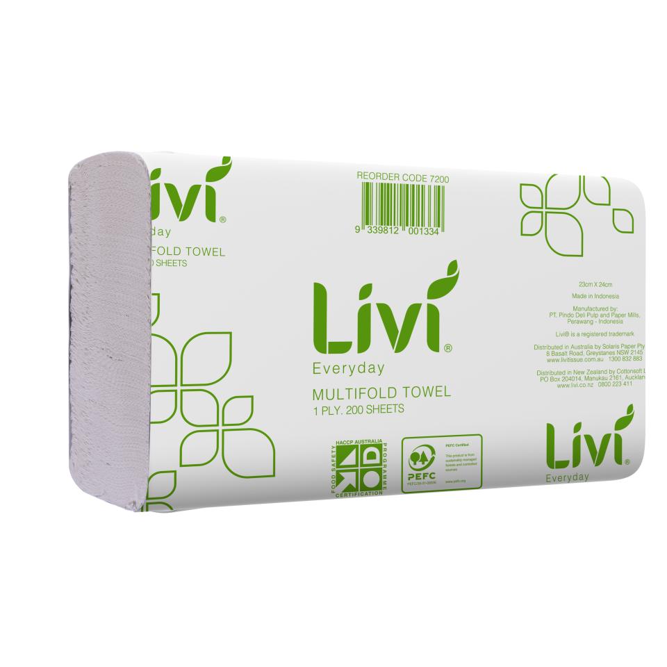 Livi Everyday 7200 Multifold Hand Towel 1 Ply 200 Sheets Carton 20