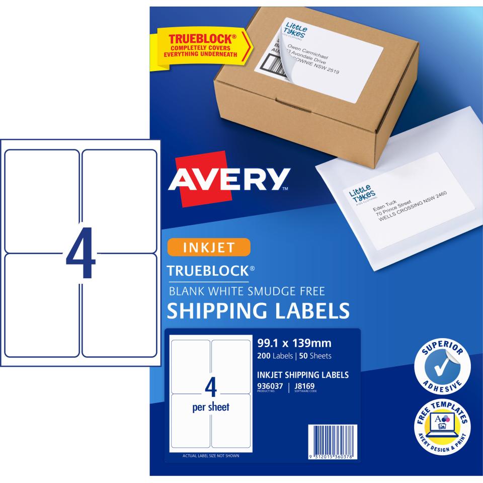 Avery Shipping Labels with TrueBlock for Inkjet Printers - 99.1 x 139mm ...