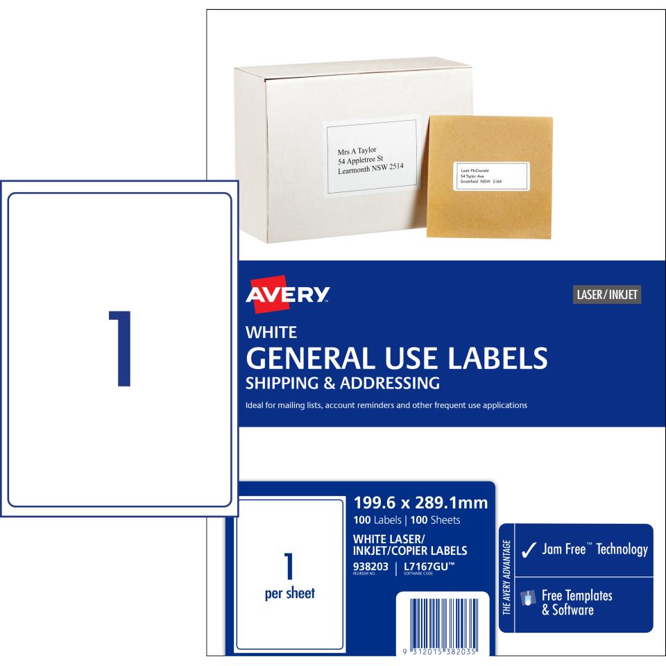 Avery General Use Labels - 199.6 x 289.1mm - 100 Labels (L7167GU)