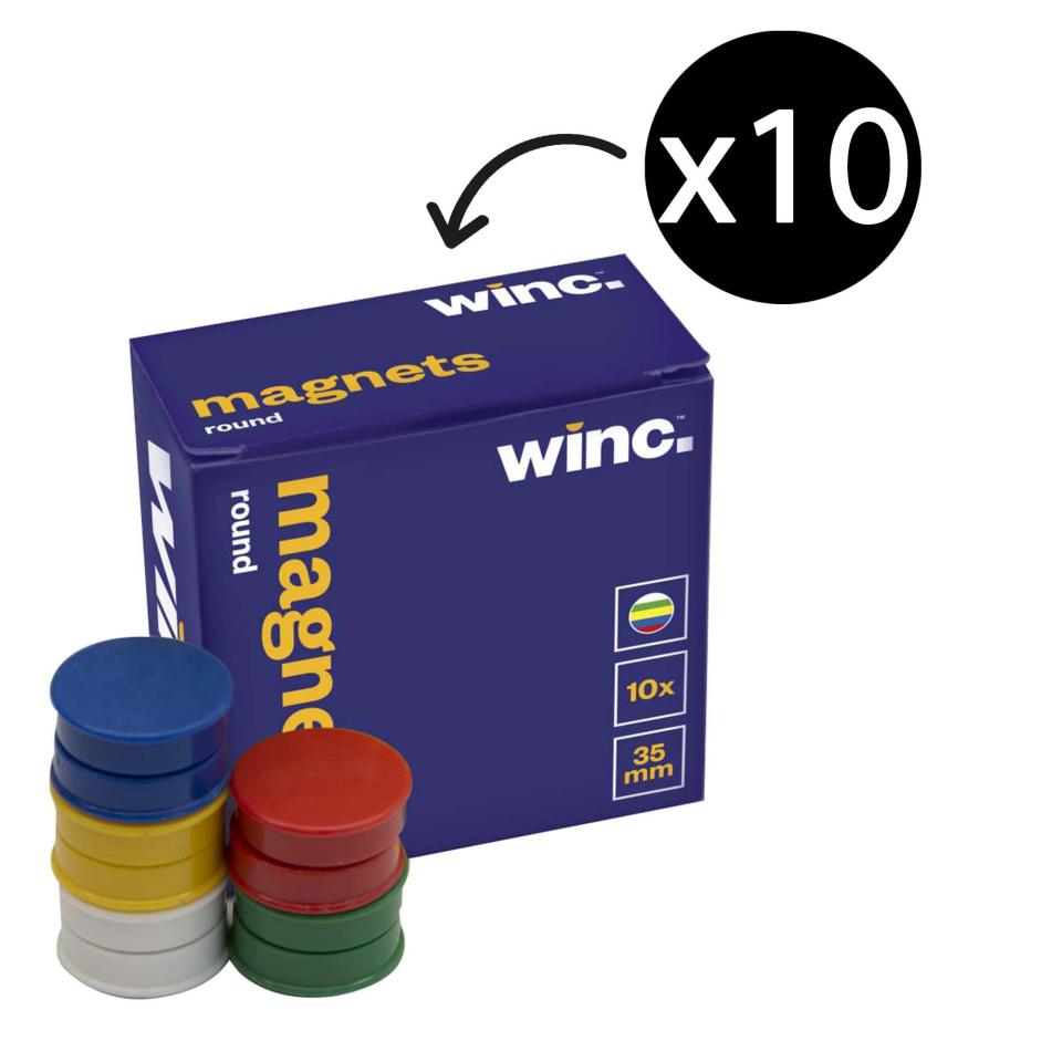 Winc Round Magnets Flat 35mm Assorted Colours Pack 10