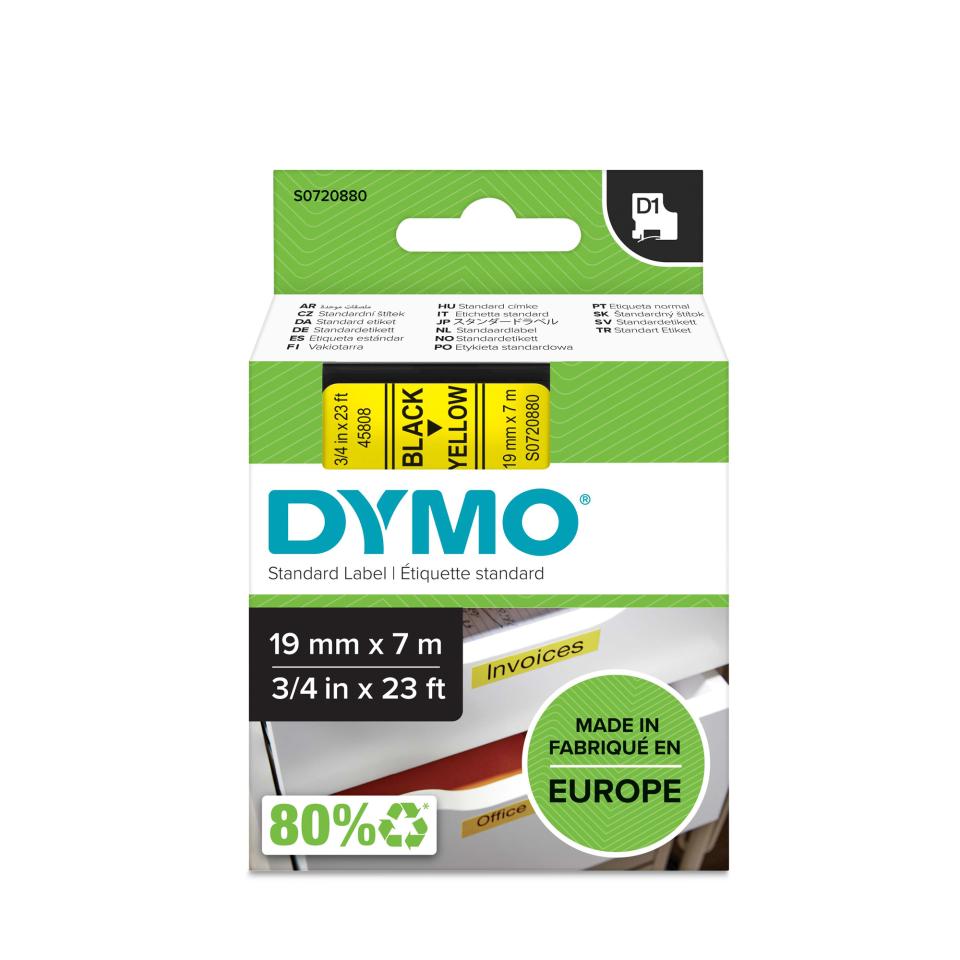 Dymo D1 Label Printer Tape 19mm x 7m - Black On Yellow