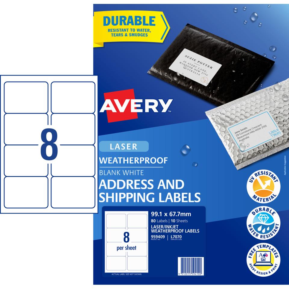 Avery WeatherProof Shipping Labels for Laser Printers 99.1 x 67.7mm