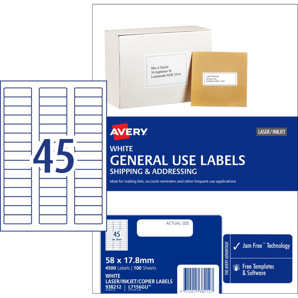 Avery General Use Labels - 58 x 17.8mm - 4500 Labels (L7156GU)