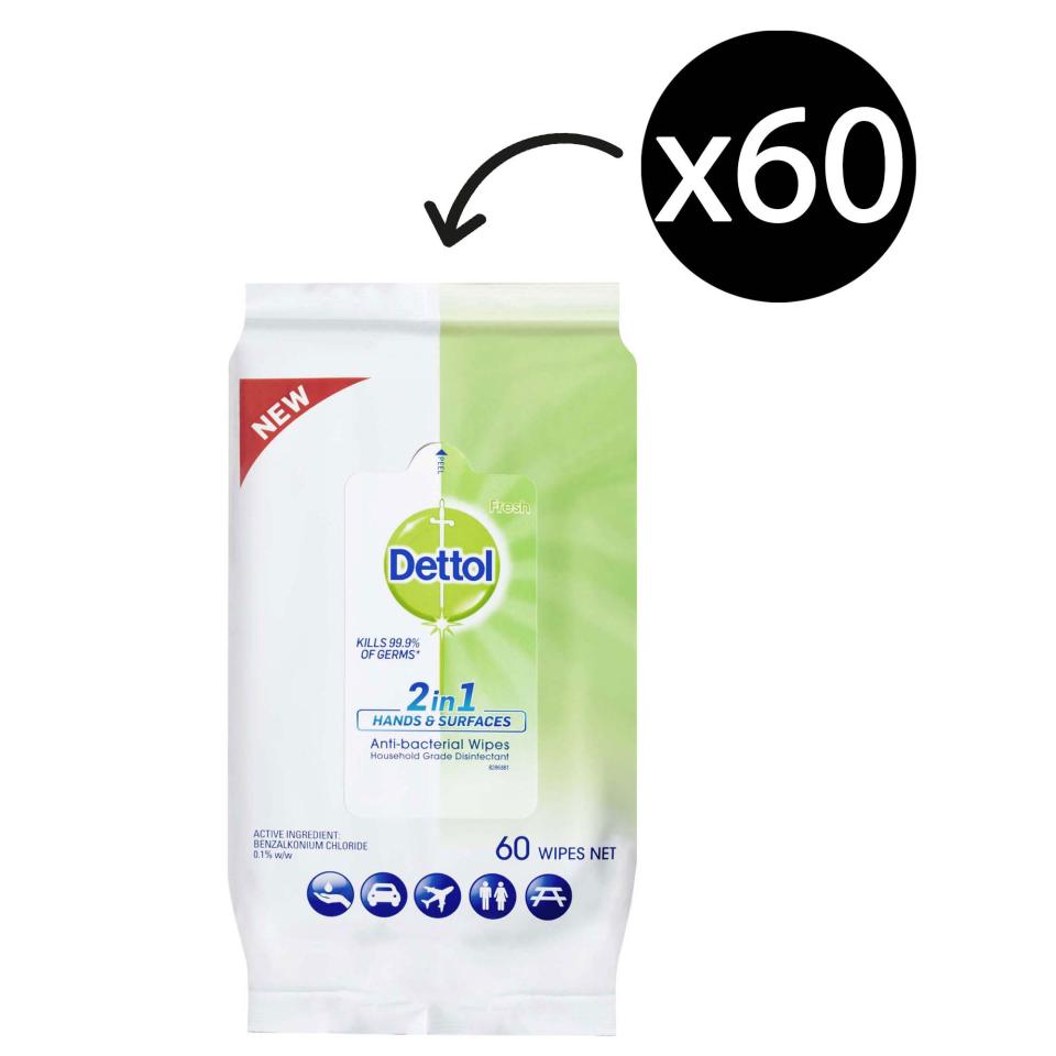 Dettol 2 In 1 Hands And Surfaces Antibacterial Wipes Pack 60