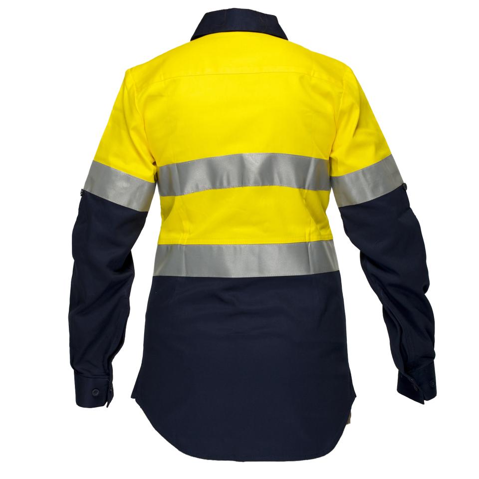 Prime Mover ML108 Ladies 100% Cotton Drill 185gsm Long Sleeve Shirt W/Tape Yellow/Navy 18
