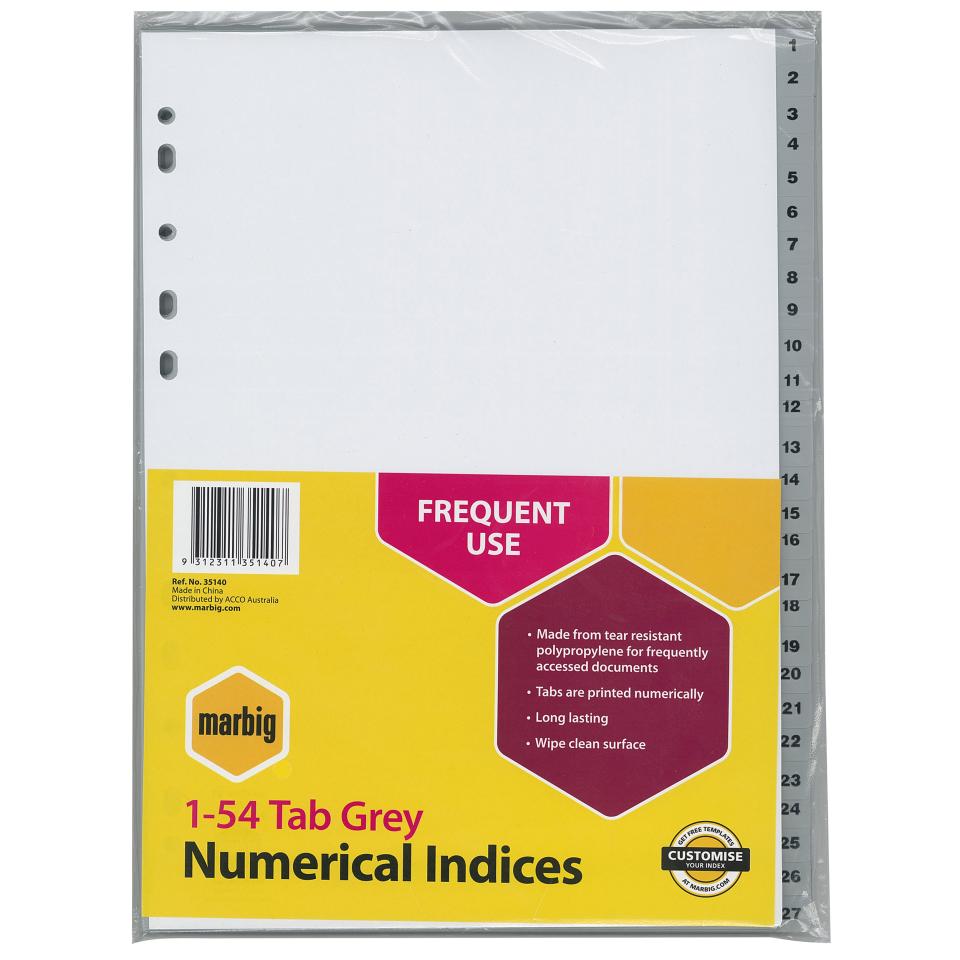 Marbig Dividers A4 Polypropylene 1-54 Numerical Grey Tab