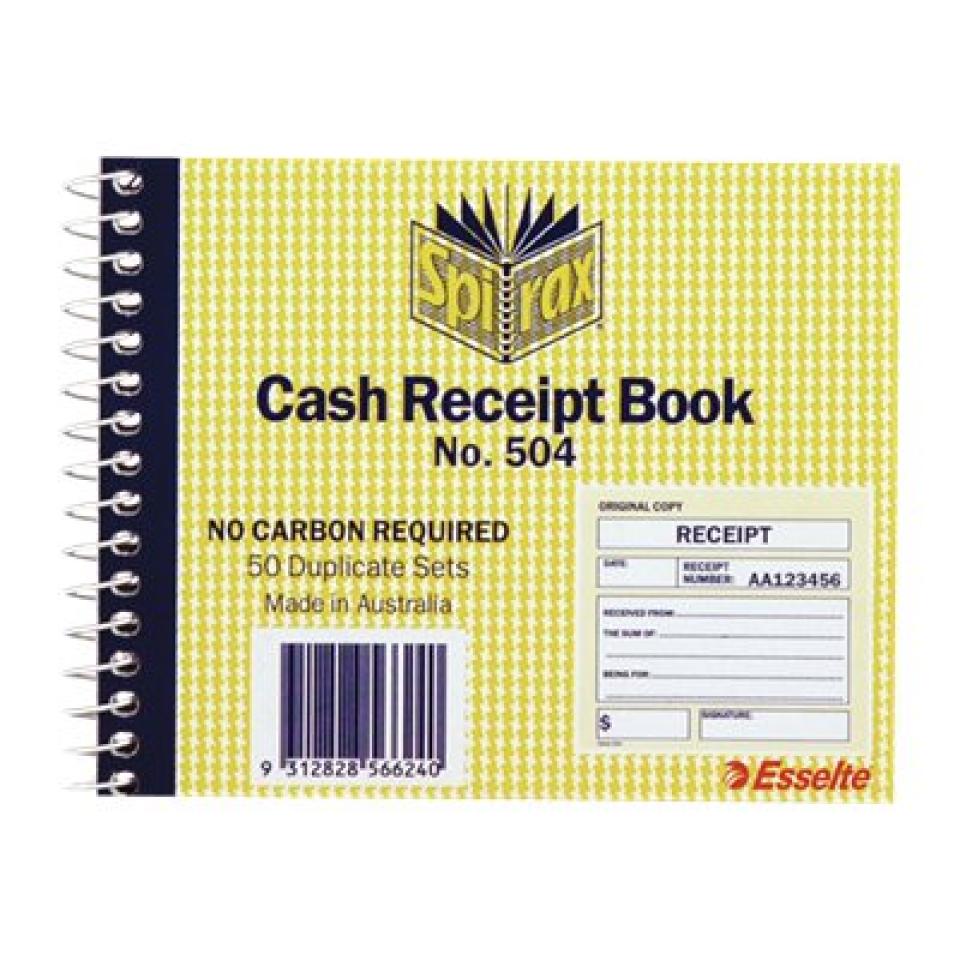 Spirax No.504 Cash Receipt Book NCR 50 Sets 102X127mm
