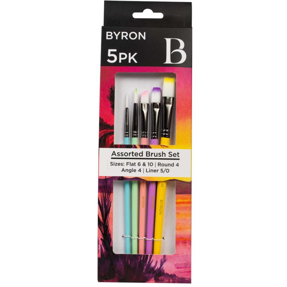 Byron Pastel 5 Piece Assorted Brush Set Size Flat 6 10 Round 4 Angle 4 Liner 5/0 Image