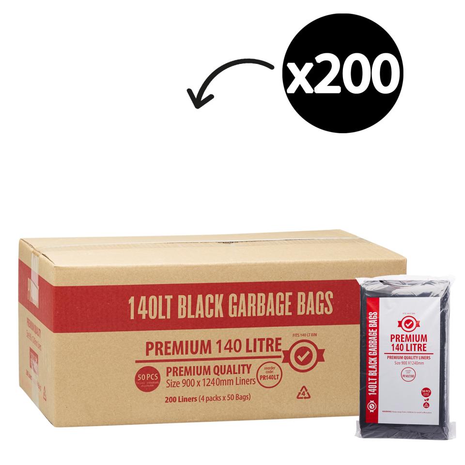 Austar Bin Liners Premium Heavy Duty 140 Litre Black Packet 50 Carton 200