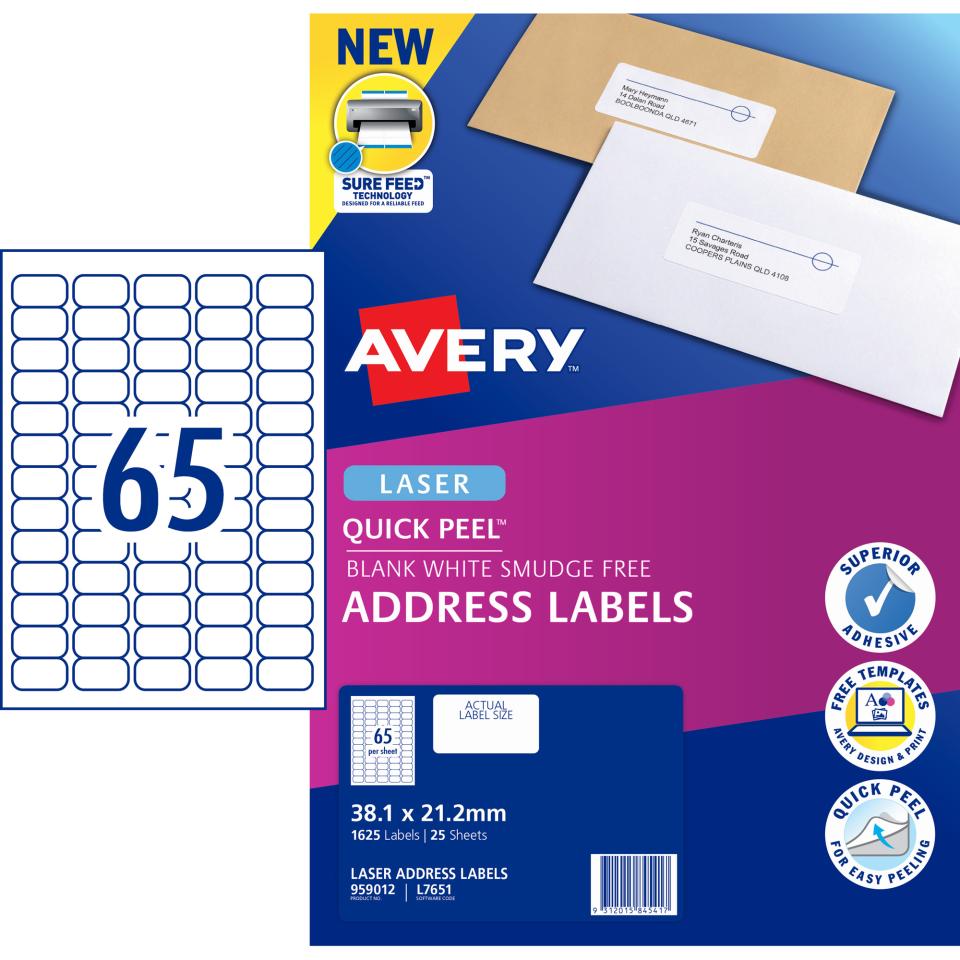 Avery Address Labels with Quick Peel for Laser Printers - 38.1 x 21.2mm - 1625 Labels (L7651)