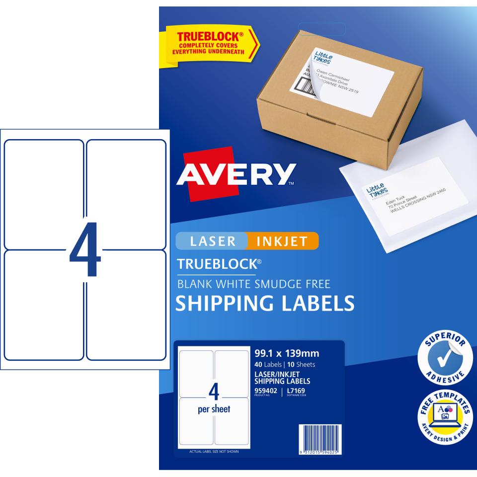 Avery Internet Shipping Labels for Inkjet Printers - 99.1 x 139mm - 40 Labels (L7169)