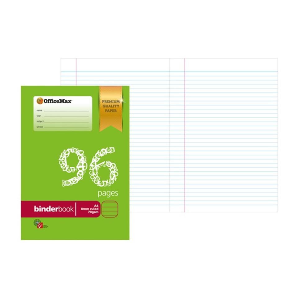 Officemax A4 Premium Binder Book 8mm Ruled 70GSM Red Margin 96 Pages Winc