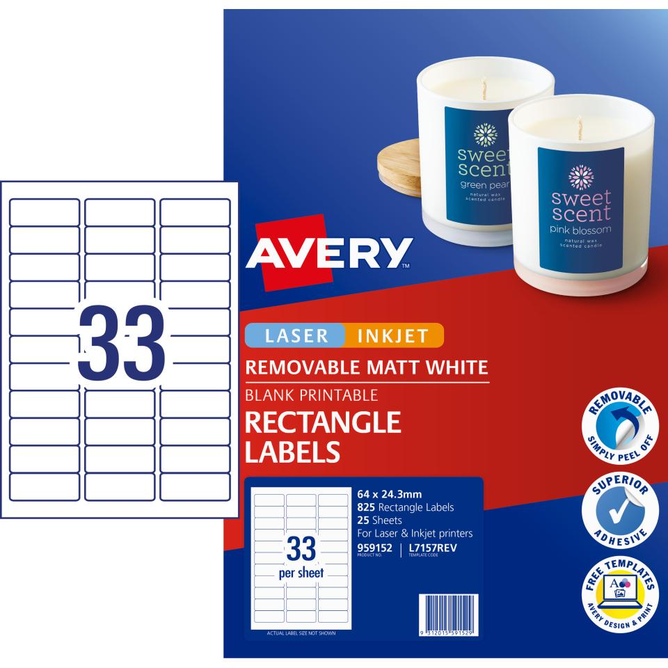Avery Removable Multi-purpose Labels - 64 x 24.3mm - 825 Labels (L7157REV)