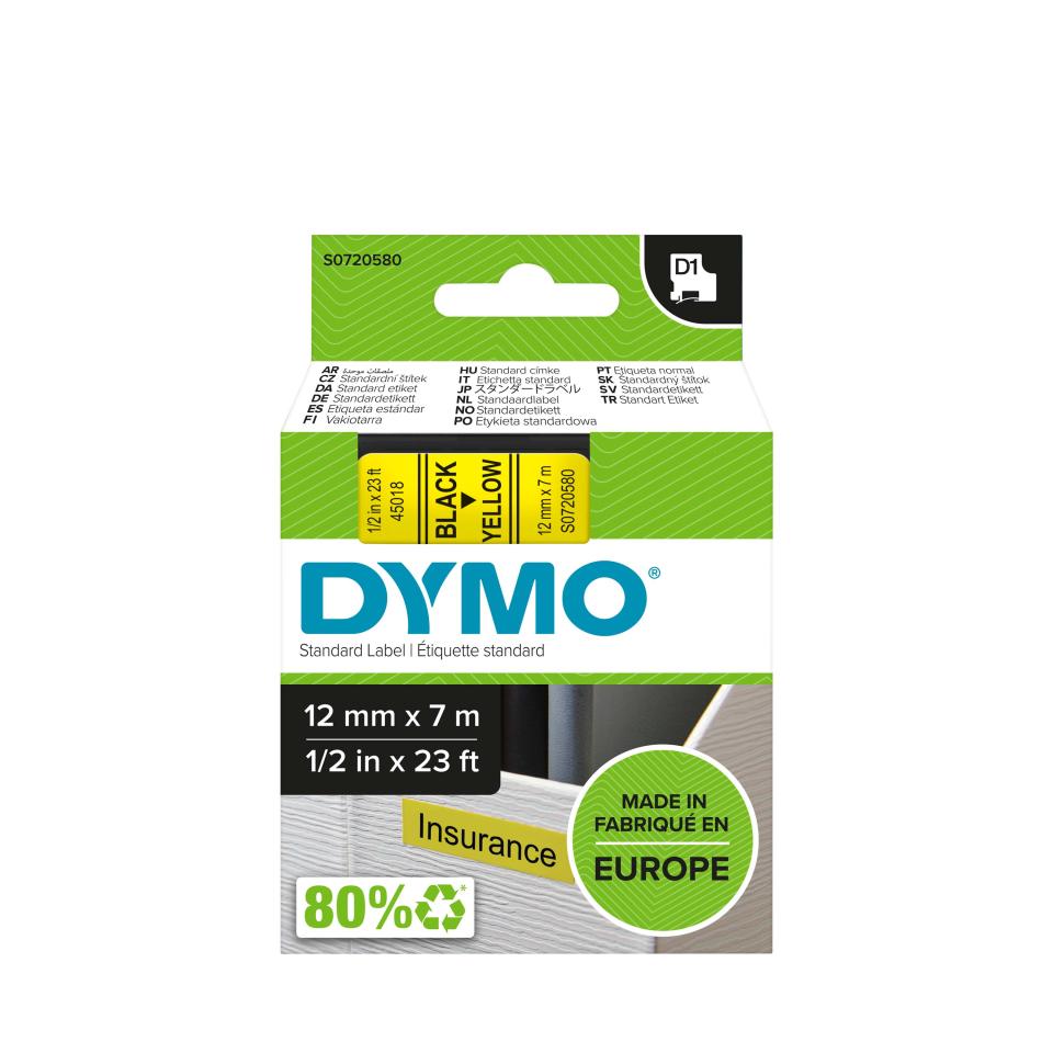 Dymo D1 Label Printer Tape 12mm x 7m Black On Yellow